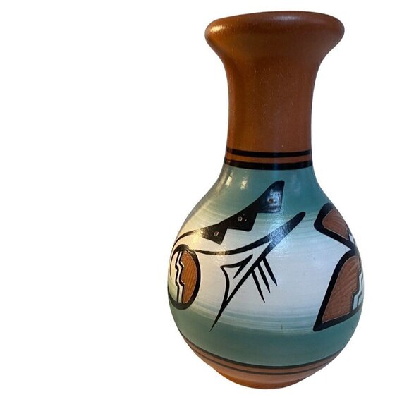 Native American Signed Clay Redware Pottery 7" Vase Hand Painted Glazed - Picture 3 of 8